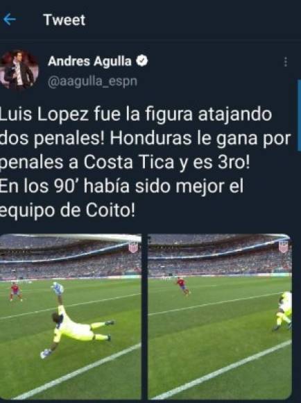 Andrés Agulla de ESPN indicó que Honduras fue mejor que Costa Rica.