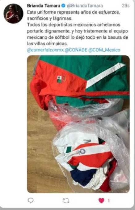 La boxeadora mexicana Brianda Tamara fue una de las personas que denunció el lamentable hecho tras encontrar las prendas. “Este uniforme representa años de esfuerzos, sacrificios y lágrimas. Todos los deportistas mexicanos anhelamos portarlo dignamente y hoy tristemente el equipo mexicano de sóftbol lo dejó todo en la basura de las villas olímpicas”, publicó en Twitter la púgil.