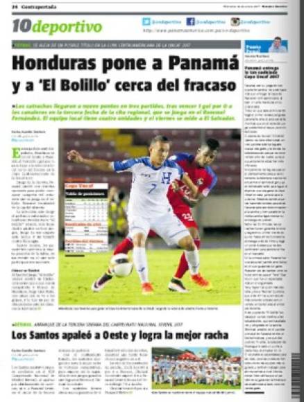 La sección deportiva del diario Panamá América destaca: 'Honduras pone a Panamá y a 'El Bolillo' Gómez cerca del fracaso'. 'Se aleja de un posible título en la Copa Centroamericana de la Uncaf 2017'.