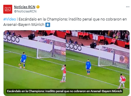 “Escándalo en la Champions: insólito penal que no cobraron en Arsenal-Bayern Múnich”, titulo Noticias RCN.