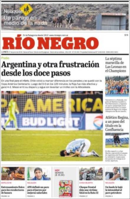Diario Rio Negro: 'Argentina y otra frustración desde los doce pasos'.