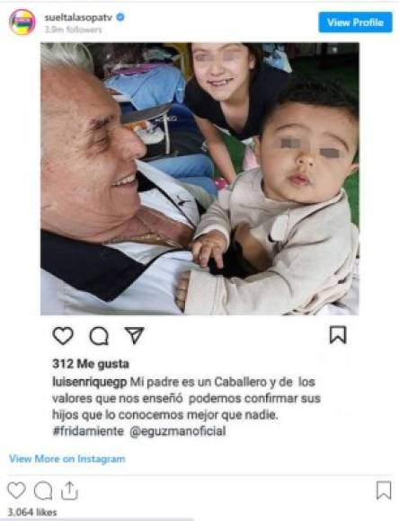 Por otro lado, Luis Enrique Guzmán, tío de Frida Sofía, defendió a su papá en un post que después borró de Instagram. “Mi padre es un Caballero y de los valores que nos enseñó podemos confirmar sus hijos que lo conocemos mejor que nadie #fridamiente @eguzmanoficial”, escribió.