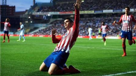 Álvaro Morata celebrando uno de sus goles en Anoeta contra la Real Sociedad. Foto Twitter @Atleti