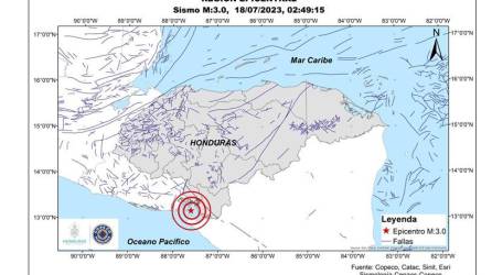 Localización del sismo registrado en la madrugada de este martes 18 de julio en la zona sur de Honduras.
