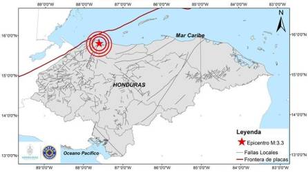 Imagen muestra la localización del sismo registrado anoche en Tornabé, Tela (Honduras).