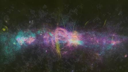 Este mapa en longitudes de onda infrarrojas, muestra detalles en un tramo de nuestra galaxia. Los colores representan diferentes temperaturas del polvo.