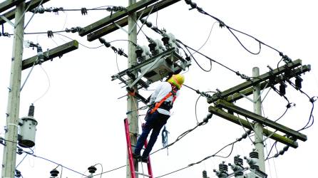 <b>Un empleado de la Enee realiza mantenimiento en la red eléctrica. Foto: Melvin Cubas.</b>