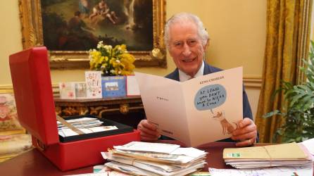 El Rey Carlos lee algunas cartas y tarjetas que le enviaron los británicos en las que le expresan sus mejores deseos y que se recupere pronto.