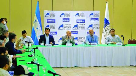 Miguel Medina, ministro de Promoción e Inversión; Pedro Barquero, ministro de Desarrollo Económico; Eduardo Facussé, presidente del CCIC, y Mario Faraj. Foto: Melvin Cubas.