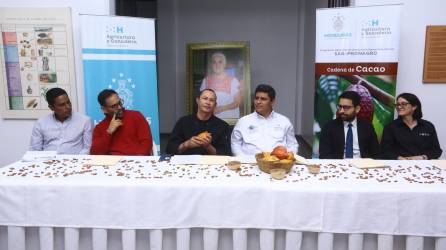 Autoridades del museo de Antropología e Historia, la Municipalidad de San Pedro Sula, la Secretaría de Agricultura y Ganadería (SAG), el consulado de México y productores participan en la conferencia de prensa del Séptimo Festival del Chocolate Artesanal.