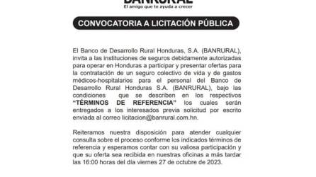 Banrural Honduras convoca a licitación pública para seguro de vida y gastos médicos