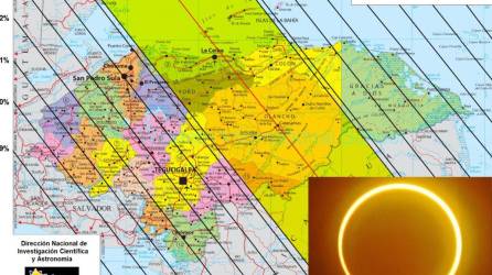 Mapa de Honduras con las especificaciones de los lugares donde se observará el eclipse solar anular. La parte amarilla donde cruza la línea roja serán los sitios donde se observará al 100% el anillo de fuego.