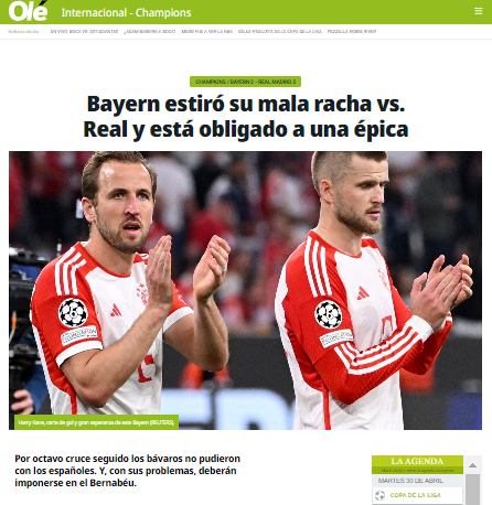 “Bayern estiró su mala racha vs. Real y está obligado a una épica”, Diario Olé de Argentina.