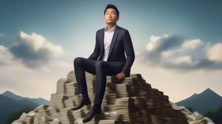 Hombre sentado sobre una montaña de dinero.