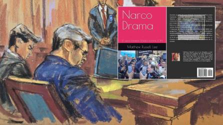 Dibujo que muestra a Juan Orlando Hernández en juicio y el libro “Narco Drama” de Matthew Russell Lee.