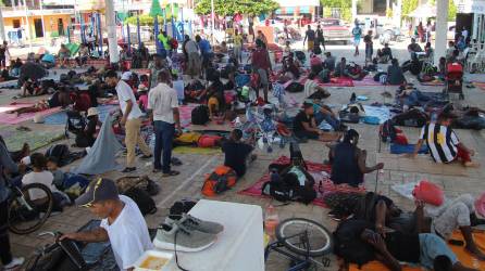 Migrantes centroamericanos descansan en el municipio de Mapastepec en el estado de Chiapas (México). EFE/Juan Manuel Blanco