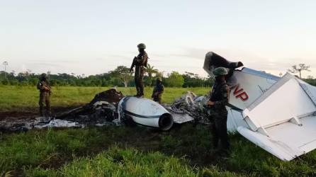 Militares resguardan la avioneta incinerada por presuntos narcos.