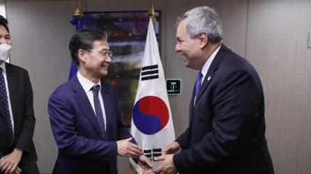 El presidente del Banco Centroamericano de Integración Económica (BCIE), Dante Mossi, saluda al diputado coreano Yoo Dong Soo, durante una reunión en Tegucigalpa.