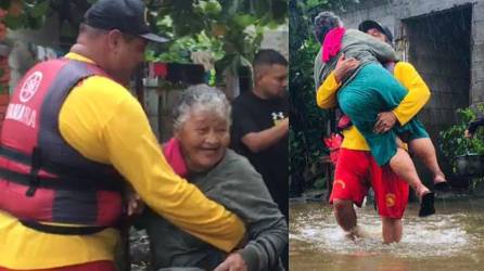 Una anciana fue evacuada de su vivienda en Puerto Cortés por severas inundaciones y pese a su mal momento por las afectaciones de las lluvias, no perdió su alegría mientras era sacada de su casa por miembros de los bomberos.