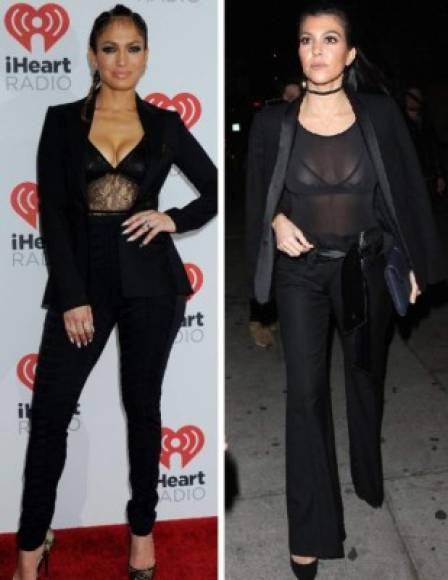 El año pasado, Jennifer Lopez llevó al iHeartRadio Music Festival un conjunto negro de pantalón pitillo, top semi transparente y blazer muy parecido al que lució Kourtney Kardashian este mismo año en una 'noche de chicas' con sus hermanas.