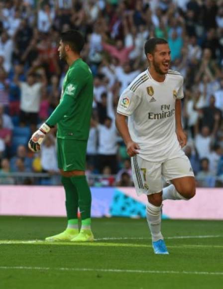 Eden Hazard y su rostro de felicidad tras haber marcado su primer gol con la camiseta del Real Madrid.