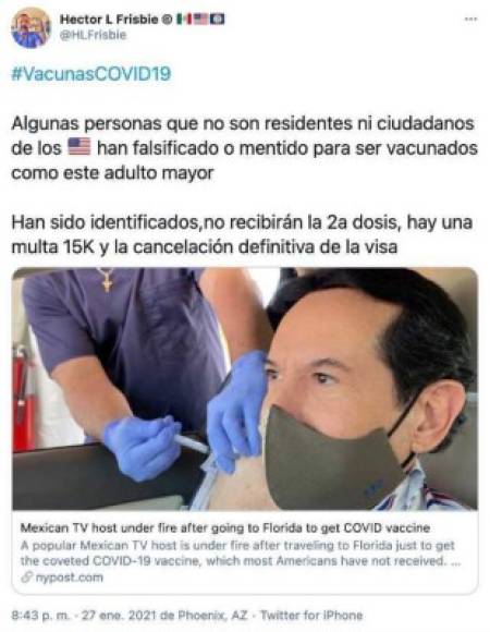 El post de Origel generó críticas de residentes en Estados Unidos que se encuentran en fila esperando la vacuna.