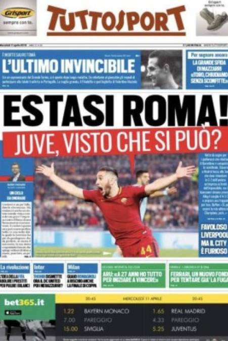 En Italia, Tuttosport lanzó una portada que ahora le cede la posta a Juventus, equipo italiano que perdió 3-0 con Real Madrid en la ida y necesita un 4-0 en el Santiago Bernabéu para avanzar a semifinales.