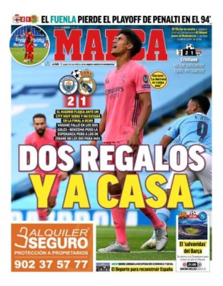 Diario Marca - 'Dos regalos y a casa'. 'El Madrid flojea ante un City muy serio y no estará en la Final A Ocho. Varane falló en los dos goles. Benzema puso la esperanza pero a los de Zidane no les dio para más'.