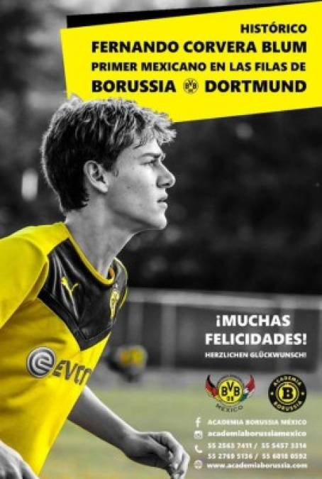 El futbolista mexicano de 18 años, Fernando Corvera Blum, ha sido anunciado como nuevo fichaje del Borussia Dortmund de Alemania y se convierte en el segundo azteca en militar en este club.