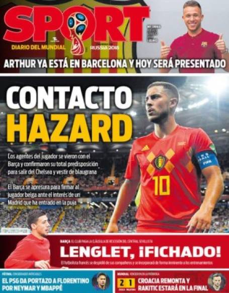 Portada Diario Sport: 'Contacto Hazard'. 'Los agentes del jugador se vieron con el Barça y confirmaron su total predisposición para salir del Chelsea y vestir de blaugrana'.