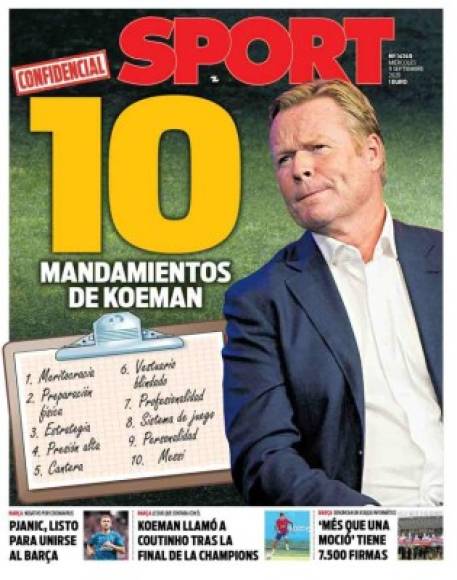 La portada de Sport con los 10 mandamientos de Ronald Koeman.