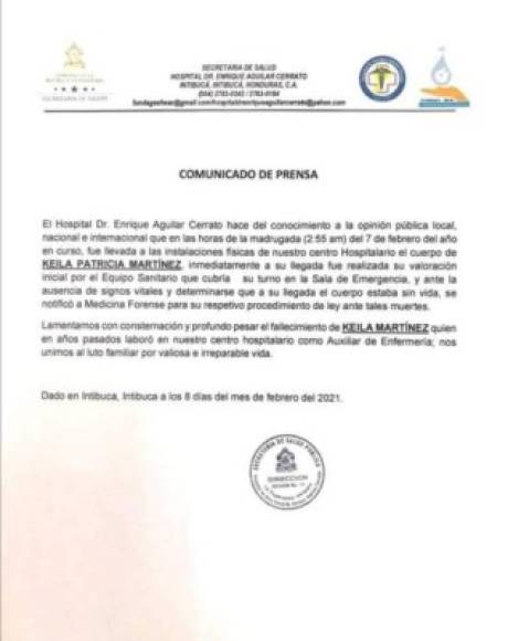 Sin embargo, el hospital a donde fue llevada, indicó en un comunicado de prensa que Keyla llegó a eso de las 2.55 de la madrugada del domingo, sin signos vitales. Cabe mencionar que en este mismo centro hospitalario laboraba Keyla como Auxiliar de enfermería.