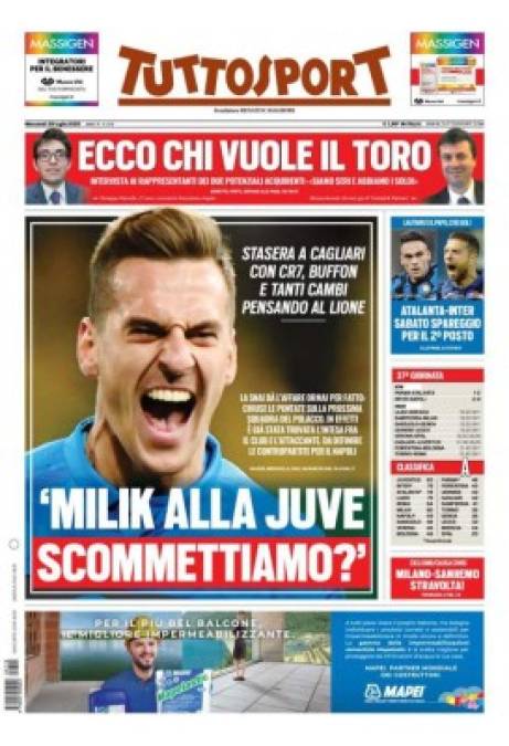Tuttosport asegura que Arkadiusz Milik ya tiene acuerdo con la Juventus. 'Milik a la Juve, ¿apostamos?', asegura el diario italiano. El delantero polaco dejará el Napoli para jugar en Turín.