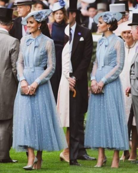 El vestido estaba marcado por un prominente lazo alrededor del cuello. Kate completó el look con pendientes de topacio azul y diamantes de Kiki McDonough.