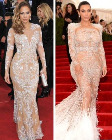 Kim Kardashian siempre ha declarado abiertamente que Jennifer Lopez es uno de sus ídolos. No es de sorprender entonces que se inspire en ella a la hora de elegir algunos de sus modelos para acudir a grandes eventos. En los Globo de Oro de 2013 Jennifer Lopez llevó un vestido marfil de transparencias y encaje bordado diseñado por Zuhair Murad. Kim Kardashian se puso uno parecido de Roberto Cavalli en la gala del Met de este año.