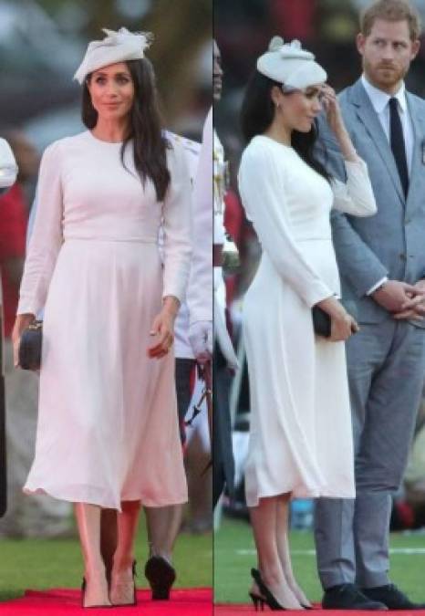 Para la ocasión Meghan Markle usó un vestido blanco de la casa de moda australiana Zimmerman, un sombrero de Stephen Jones, pendientes que fueron un regalo de la reina y un brazalete que fue un regalo del Príncipe de Gales.<br/>