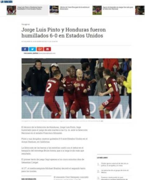 La Nación de Costa Rica señala que Pinto y Honduras fueron humillados.