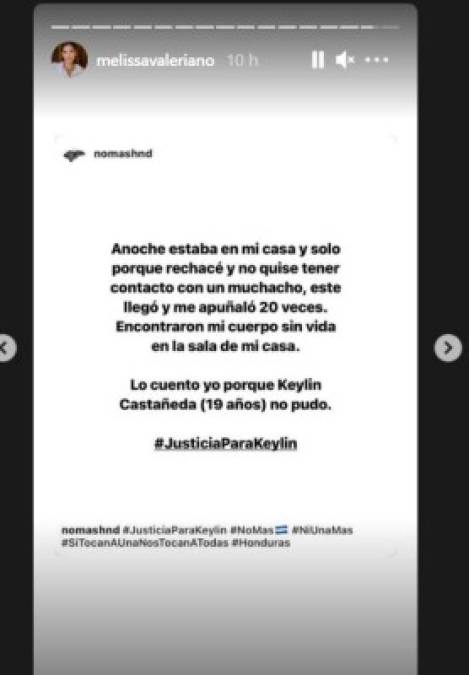 Por su parte, la presentadora de Televicentro, Melissa Valeriano, manifestó su tristeza por la muerte de Keylin Castañeda, la jovencita que fue asesinada a puñaladas. <br/>