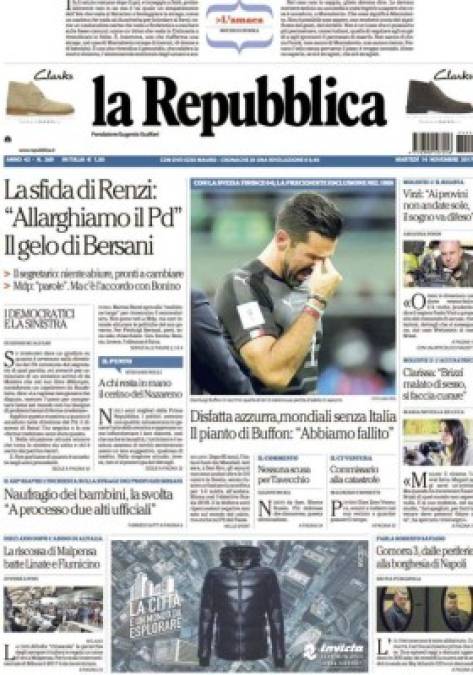 <br/><br/>'Derrota azzurra, Mundial sin Italia. El llanto de Buffon: 'Fracasamos'', titula La Repubblica.<br/>