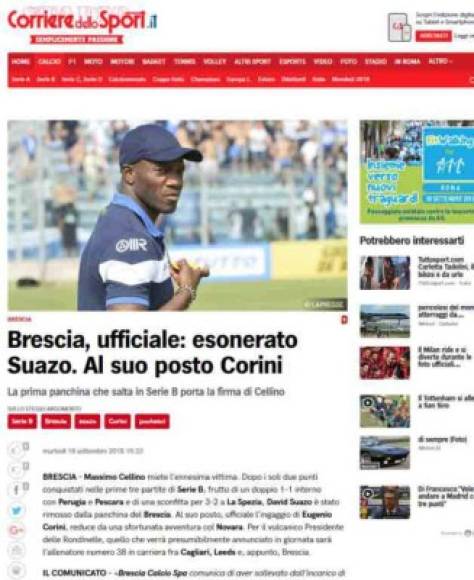 Corriere dello Sport: Uno de los medios más importantes de Italia indica que David Suazo es el primer estratega en ser destituido en el arranque de la Serie B.