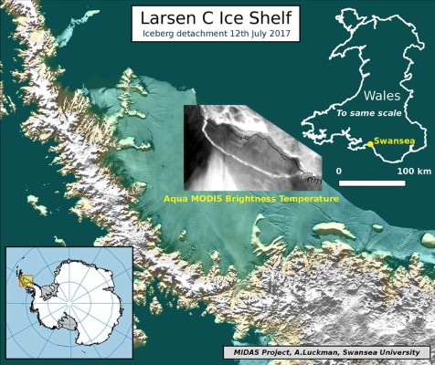 This handout image received on July 12, 2017 from Swansea University shows an illustration depicting an iceberg detachment fron the Larsen C Ice Shelf. A trillion-tonne iceberg, one of the biggest on record, has snapped off the West Antarctic ice shelf, said scientists on July 12, 2017 who have monitored the growing crack for months. / AFP PHOTO / SWANSEA UNIVERSITY / Adrian Luckman / RESTRICTED TO EDITORIAL USE - MANDATORY CREDIT 'AFP PHOTO / SWANSEA UNIVERSITY/ADRIAN LUCKMAN' - NO MARKETING NO ADVERTISING CAMPAIGNS - DISTRIBUTED AS A SERVICE TO CLIENTS