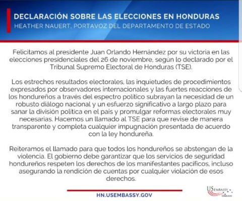 EUA felicita a JOH por su triunfo en las elecciones de Honduras