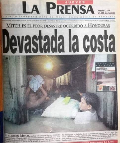 Las muertes ocasionadas por las catastróficas inundaciones lo hicieron el segundo huracán más mortífero del Atlántico. Portada de Diario LA PRENSA del 29 de octubre del 1998.