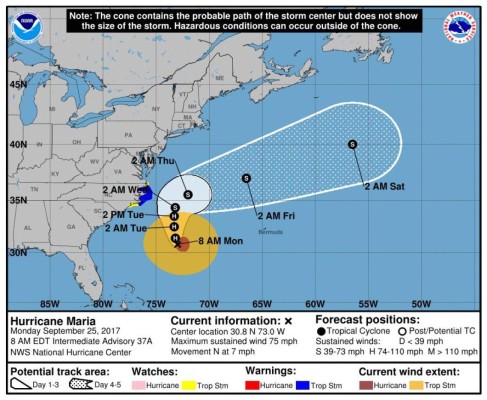 Huracán María se aproxima a la costa sureste de EUA con categoría 1  