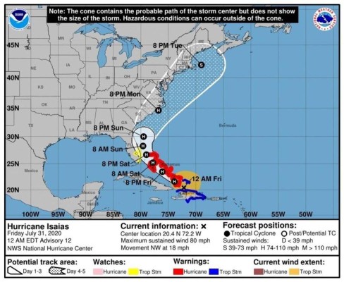 Tormenta Isaías se convierte en huracán categoría 1