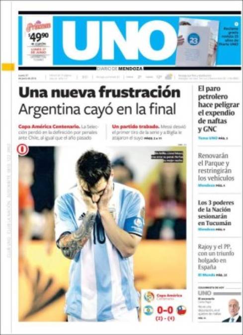 Diario Uno: 'Una nueva frustración, Argentina cayó en la final'.