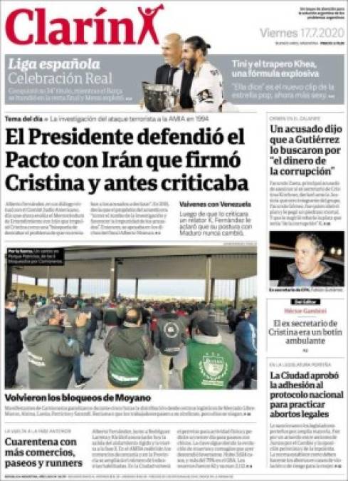 Clarín de Argentina - 'Celebración Real'. 'Conquistaron su 34 título, mientras el Barca se hundió en la recta final y Messi explotó'.