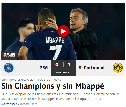 “Sin Champions y sin Mbappé”, Diario AS de España.