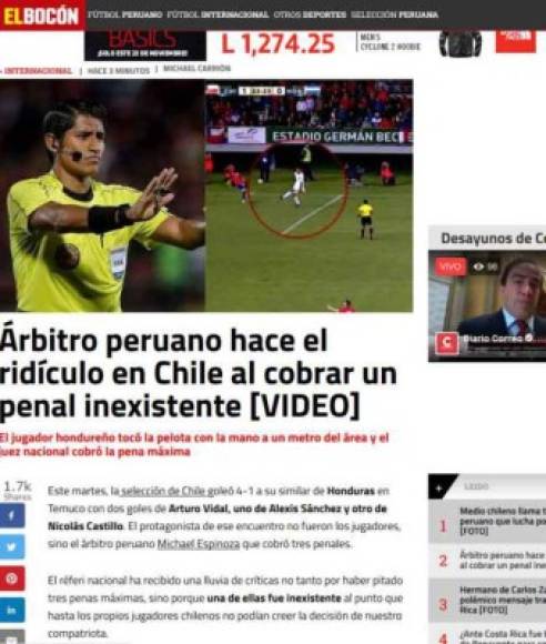 El Bocón, el diario deportivo más popular del Perú, señala de ridículo el trabajo del árbitro peruano Espinoza.