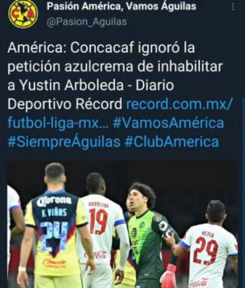 Los portales alusivos al América también se pronunciaron sobre la respuesta de Concacaf de no sancionar al jugador del cuadro albo.